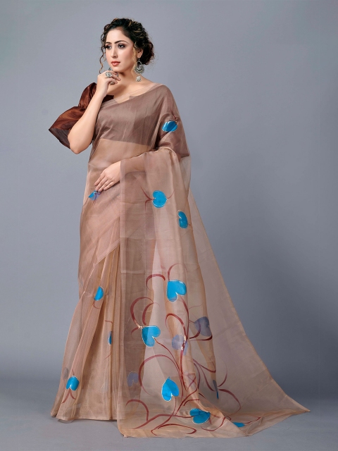 

Fashion FRICKS Brown & Blue Floral Organza Saree