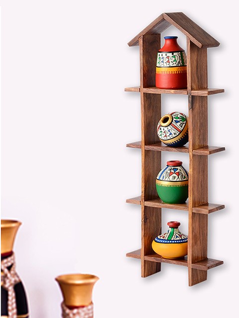 

ExclusiveLane Set Of 4 Multicoloured Handpainted Pot Showpieces With Wooden Frame, Multi