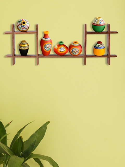 

ExclusiveLane Set Of 7 Multicoloured Handpainted Pot Showpieces With Wooden Frame, Multi