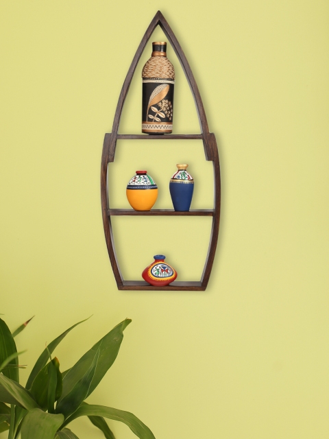 

ExclusiveLane Set of 3 Multicoloured Pots Showpieces with Vase & Wooden Wall Shelf, Multi