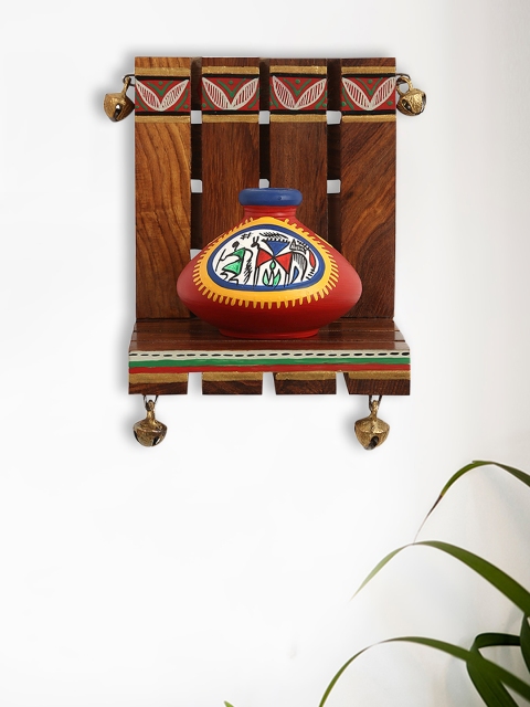 

ExclusiveLane Brown & Red Warli Handpainted Pot Showpiece with Wooden Wall Shelf