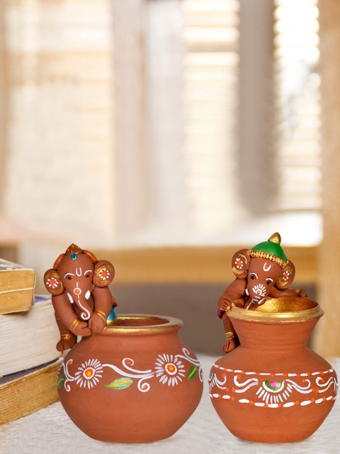

ExclusiveLane Set of 2 Brown Hand-Painted Terracotta Matki Showpiece with Ganesha Idol