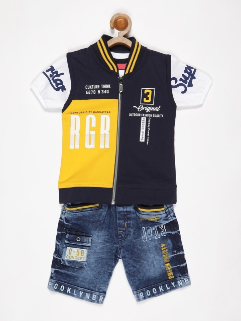 

V2 Value & Variety Boys Yellow & Black Printed T-shirt and Shirt with Shorts