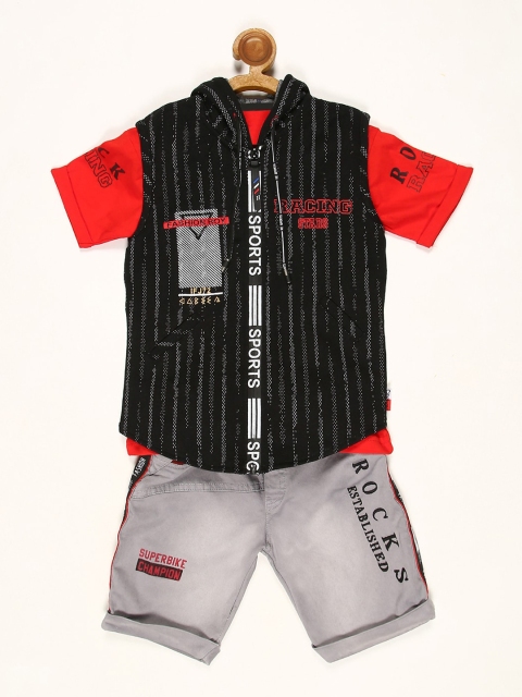 

V2 Value & Variety Boys Black & Red Printed T-shirt and Shirt with Shorts