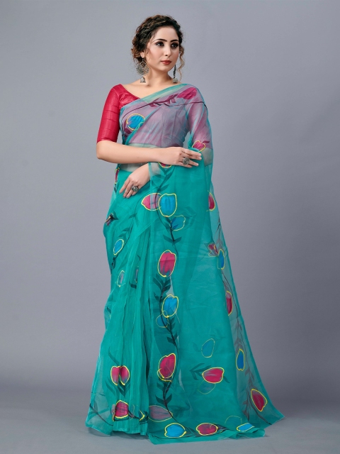 

Fashion FRICKS Blue & Red Floral Organza Saree