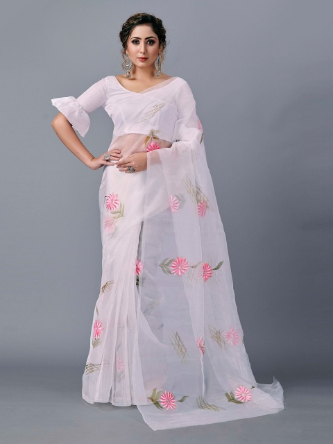 

Fashion FRICKS White & Pink Floral Organza Saree