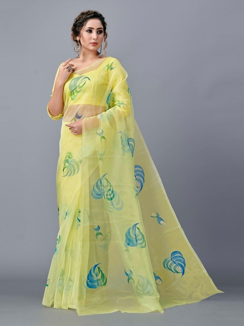

Fashion FRICKS Women Yellow & Blue Tropical Organza Saree
