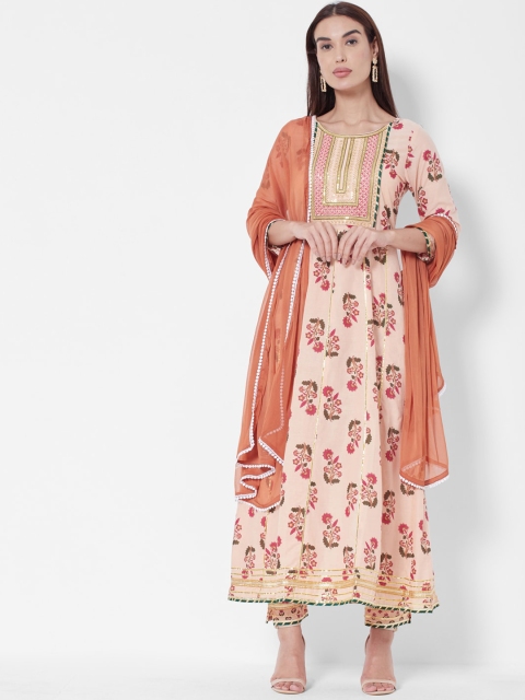 

Vedic Women Peach Printed Panelled Liva Kurta with Trousers & With Dupatta