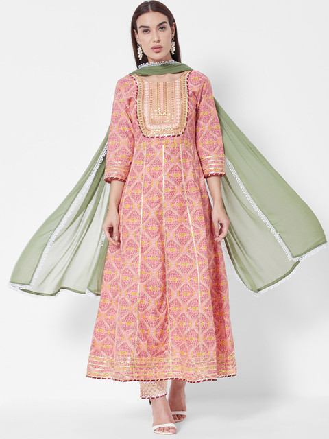 

Vedic Women Peach-Coloured Printed Liva Kurta with Trousers & With Dupatta