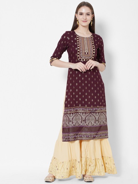 

Vedic Women Maroon Ethnic Motifs Embroidered Kurta with Sharara