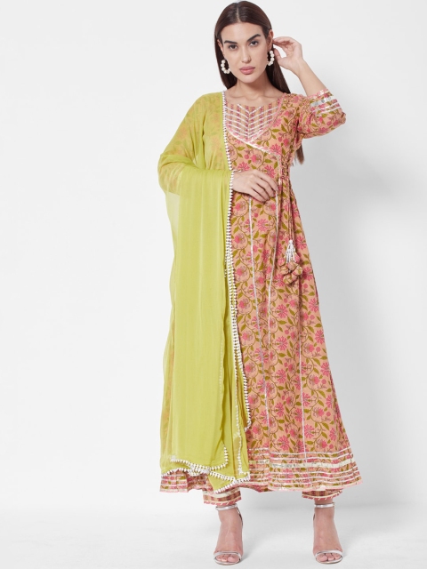 

Vedic Women Mustard Yellow Printed Angrakha Liva Kurta with Trousers & With Dupatta