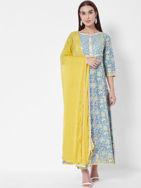 

Vedic Women Blue Floral Printed Gotta Patti Liva Kurta with Trouser & With Dupatta