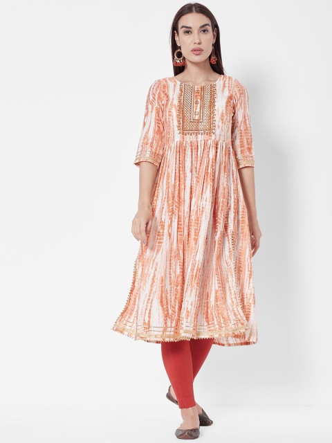 

Vedic Women Orange Dyed Empire Thread Work Chanderi Silk Kurta with Leggings