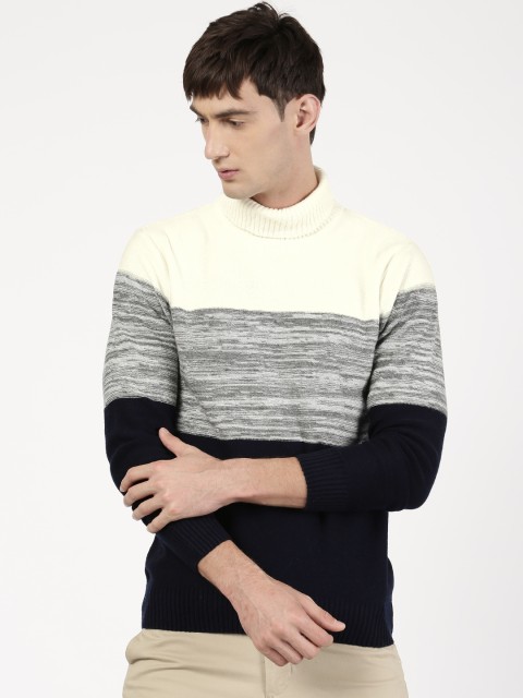 

ether Men White & Navy Blue Colourblocked Pullover