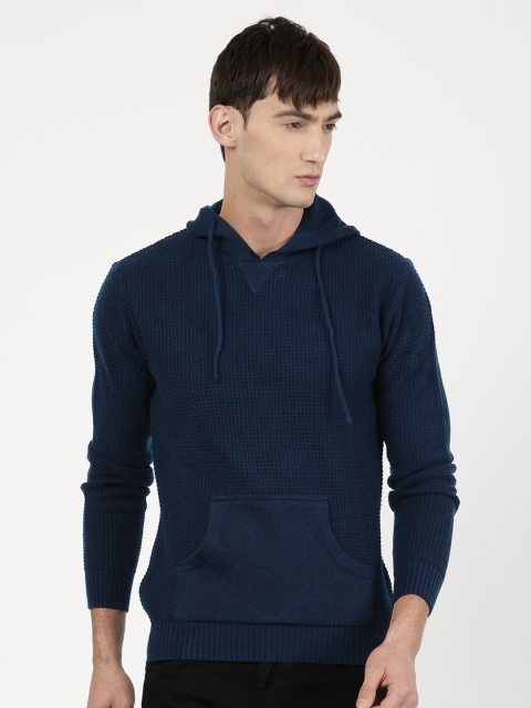 

ether Men Blue Solid Hooded Sweater