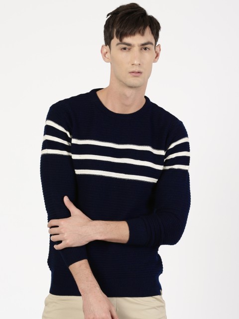 

ether Men Navy Blue Striped Pullover