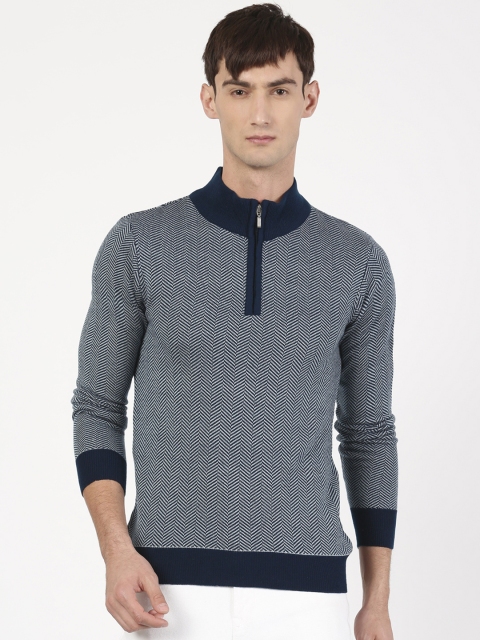 

ether Men Navy & White Self Design Pullover, Navy blue