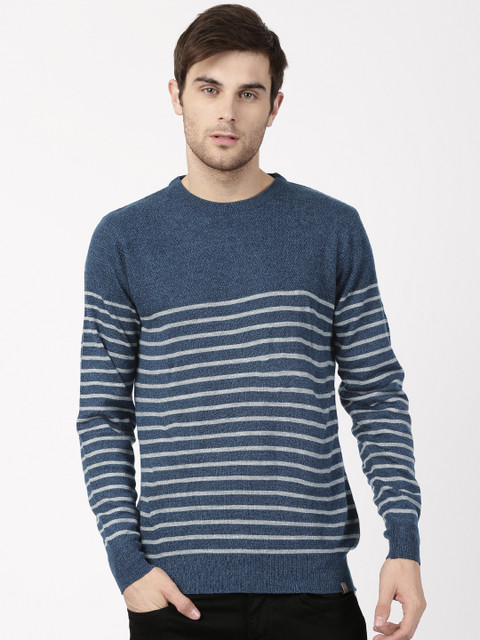 

ether Men Navy Blue & Grey Striped Sweater
