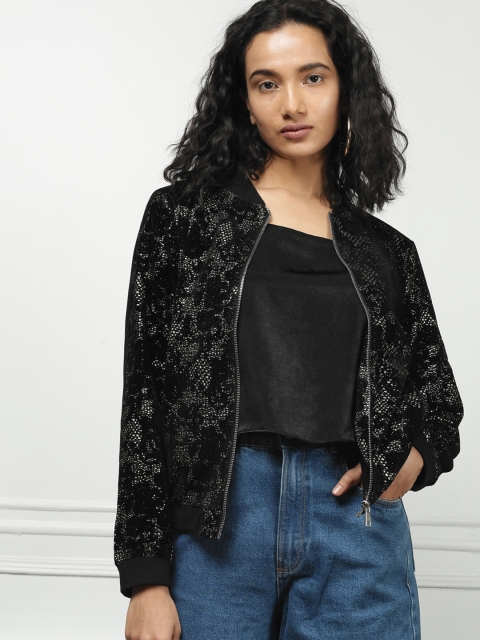 

all about you Women Black Self Design Bomber Jacket