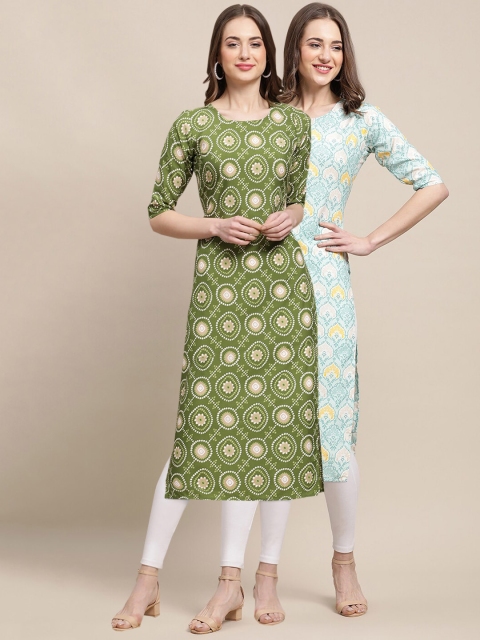 

KALINI Women Pack Of 2 Green & Blue Ethnic Motifs Printed Handloom Crepe Kurta
