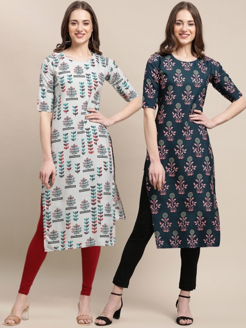 

KALINI Pack Of 2 Women White & Green Floral Printed Crepe Kurta