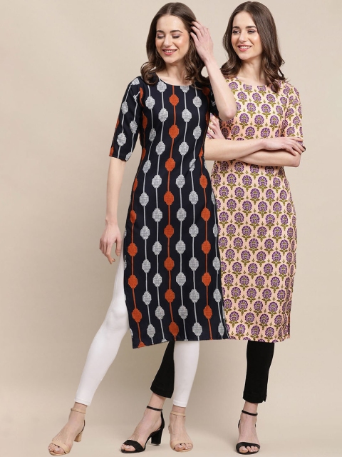 

KALINI Women Pack Of 2 Navy Blue & Cream-Coloured Ethnic Motifs Printed Crepe Kurta