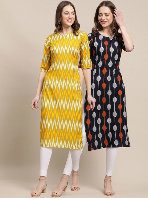 

KALINI Women Pack of 2 Yellow & Black Ethnic Motifs Printed Crepe Kurta