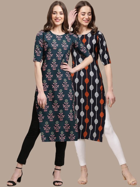 

KALINI Women Pack of 2 Blue & Black Ethnic Motifs Printed Crepe Kurta