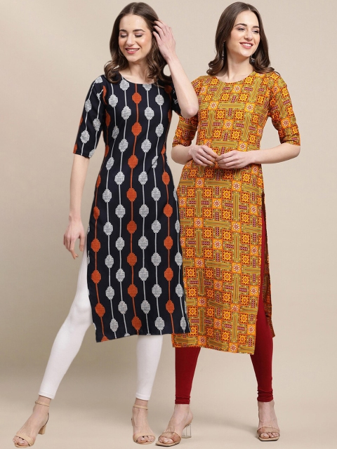 

KALINI Women Pack of 2 Mustard Yellow & Black Ethnic Motifs Crepe Kurta