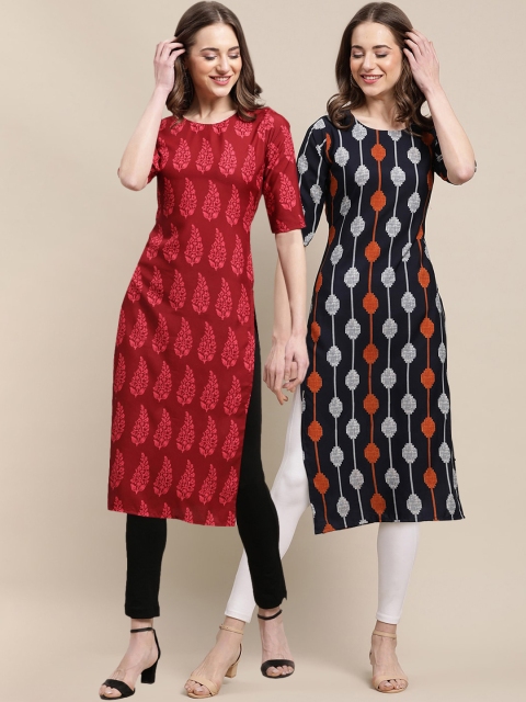 

KALINI Women Pack Of 2 Red & Navy Blue Ethnic Motifs Printed Crepe Kurta