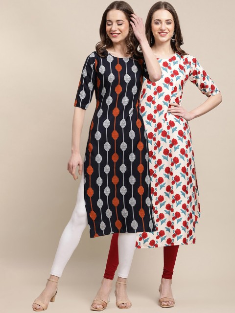 

KALINI Women Pack of 2 Black & White Ethnic Motifs Printed Crepe Kurta