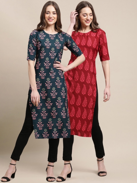 

KALINI Women Blue & Red Pack Of 2 Ethnic Motifs Printed Crepe Kurta