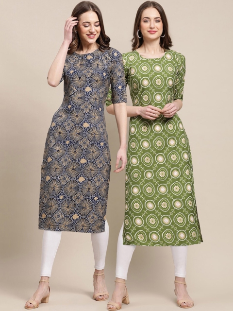 

KALINI Pack Of 2 Women Navy Blue & Green Printed Straight Crepe Kurta