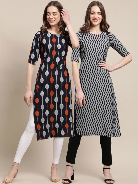 

KALINI Women Black & Grey Pack Of 2 Geometric Printed Summer Sheers Crepe Kurta