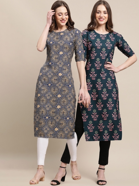 

KALINI Women Pack Of 2 Blue & Green Floral Printed Crepe Kurta