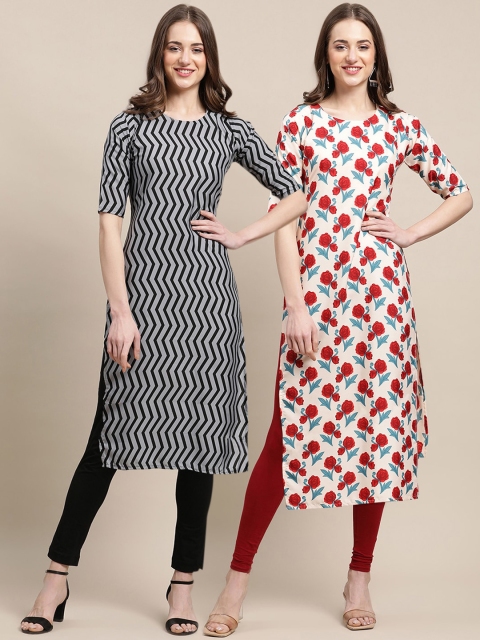 

KALINI Women Pack Of 2 Grey & Off White Printed Crepe Straight Kurta