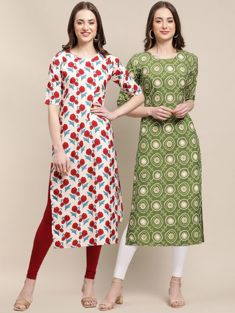 

KALINI Women Pack of 2 Cream-Coloured & Green Printed Crepe Kurta