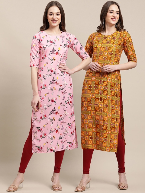 

KALINI Women Multicoloured Floral Checked Gotta Patti Block Print Handloom Crepe Kurta, Multi