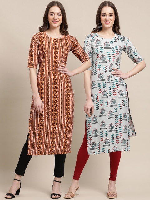 

KALINI Women Pack Of 2 Red & Off White Geometric Printed Crepe Kurta