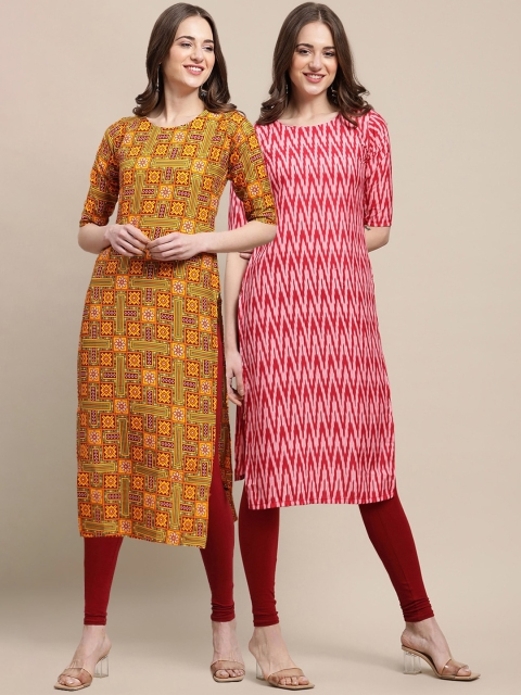 

KALINI Women Pack of 2 Mustard Yellow & Pink Chevron Printed Crepe Kurta