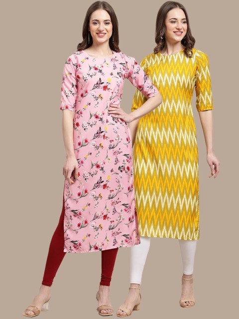 

KALINI Pack Of 2 Women Pink & Yellow Floral Printed Block Print Straight Crepe Kurta