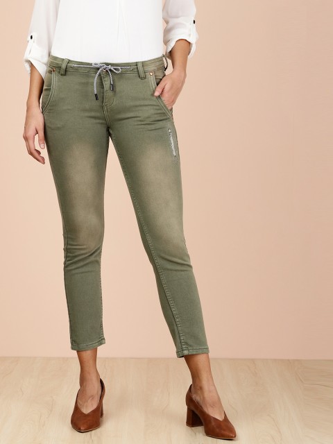 

all about you Women Olive Green Slim Fit Mid-Rise Low Distress Stretchable Cropped Jeans
