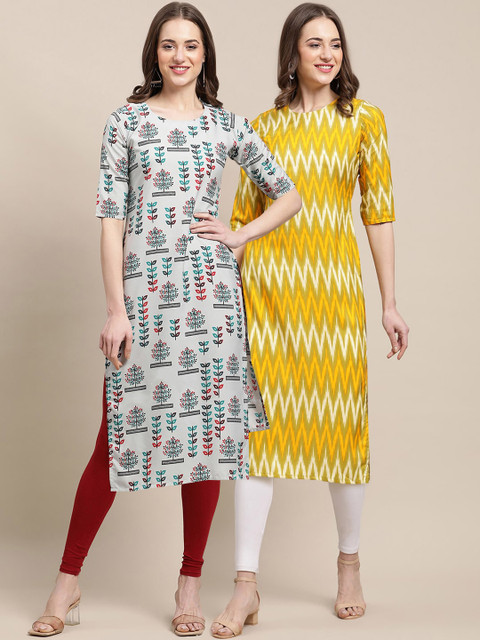 

KALINI Women Pack Of 2 Yellow & Grey Ethnic Motifs Printed Block Print Crepe Kurta