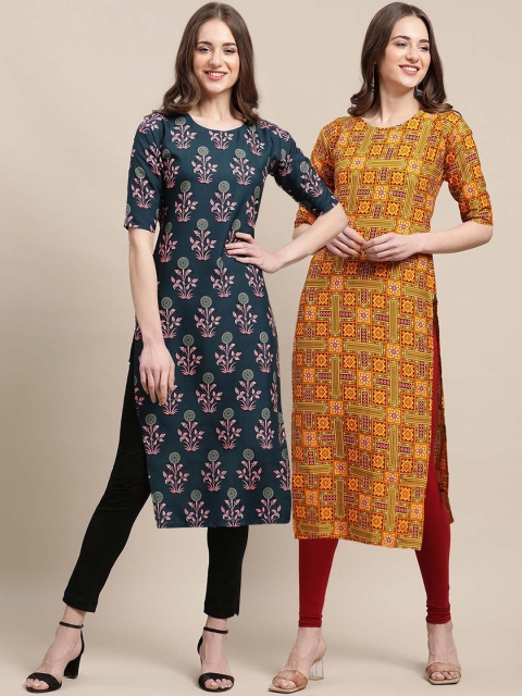 

KALINI Women Set Of 2 Teal Blue & Yellow Ethnic Motifs Printed Crepe Kurta