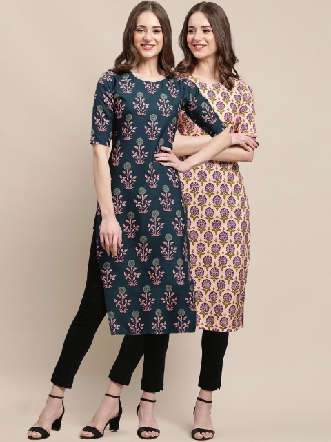 

KALINI Women Set Of 2 Teal Blue & Beige Floral Printed Crepe Kurta