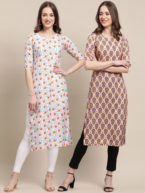 

KALINI Women Pack Of 2 Off White & Orange Ethnic Motifs Printed Crepe Kurta