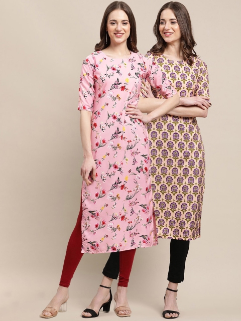 

KALINI Women Pack of 2 Block Print Handloom Crepe Kurta, Pink