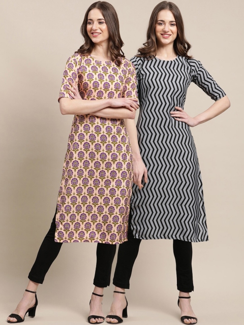 

KALINI Women Peach-Coloured & Grey Geometric Printed Crepe Pack of 2 Kurtas