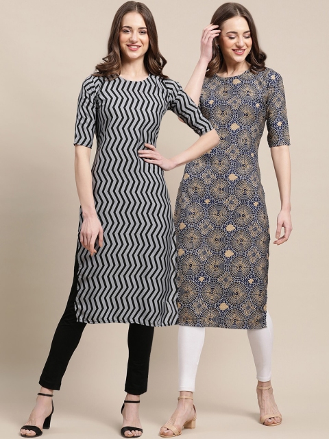 

KALINI Women Pack of 2 Beige & Black Geometric Striped Crepe Kurta