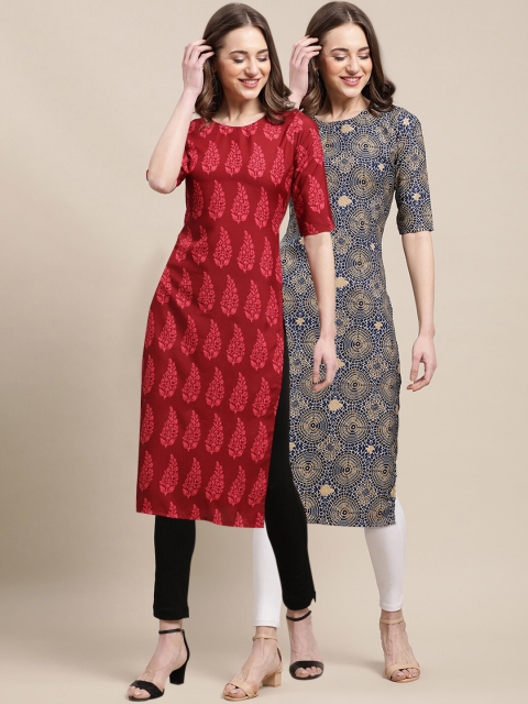 

KALINI Women Pack of 2 Red & Beige Floral Printed Crepe Kurta